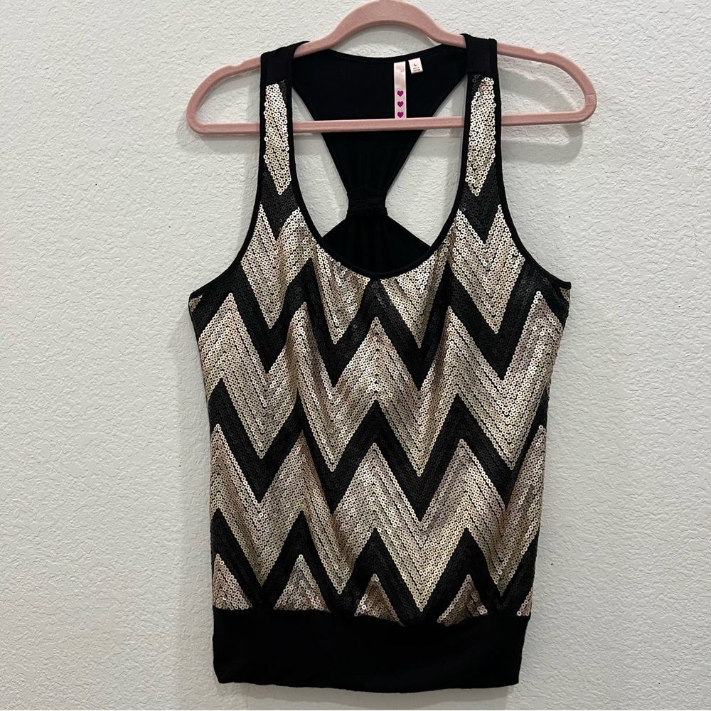 Black and Gold Sequin Chevron Pattern‎ Racerback Tank, Size Large HOLIDAY!